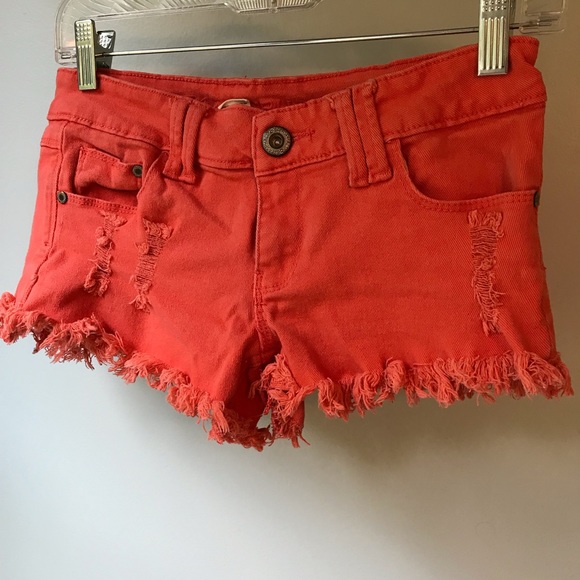 Wet Seal Pants - Very short, very distressed orange jean shorts